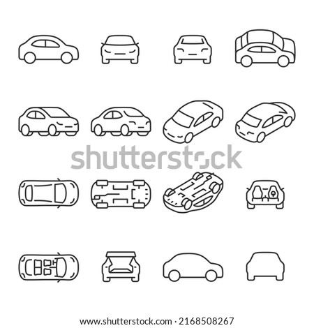 Car icons set. The car from different sides. Side view, back, front, bottom, inside. linear icon collection. Line with editable stroke