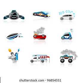 Car icons set. Different types of cars including modern, futuristic and ecological cars. This illustration contains transparencies, AI10 EPS.