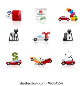 Car icons set. Different types of car topics including insurance, finance, service, sales and travel. This illustration contains transparencies, AI10 EPS.