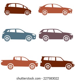 Car icons set. Different vector car forms: suv, pickup, truck, sedan. Vehicle silhouettes collection isolated on white background.