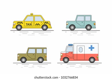 Car icons set. Flat colors style. Vector illustration