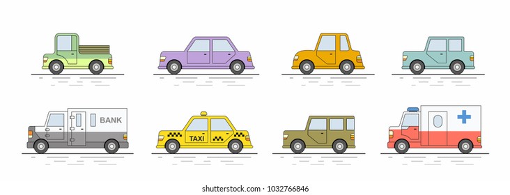 Car icons set. Flat colors style. Vector illustration