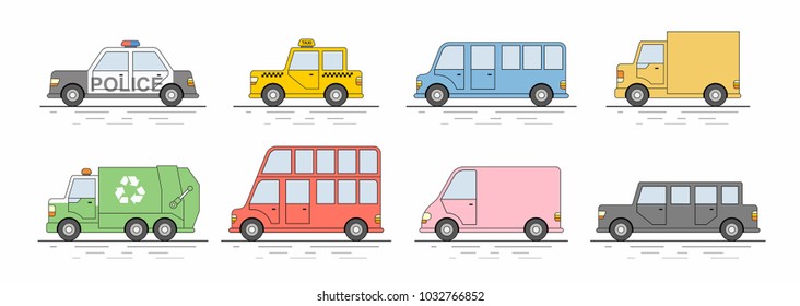 Car icons set. Flat colors style. Vector illustration