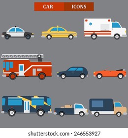 Car icons set in flat style design. Vector. Elements for creating your own map. Map elements for your web site, pattern, background or other type of design.