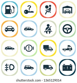 Car icons set with garage, van, handbrake warning vehicle elements. Isolated vector illustration car icons.