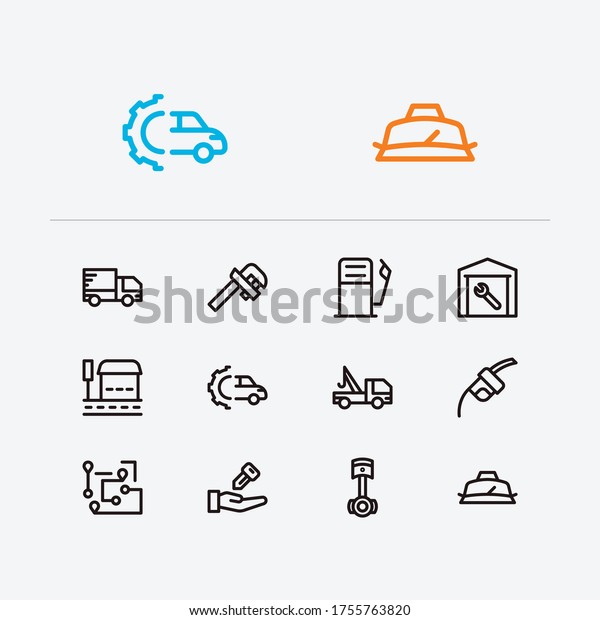 Car icons set. Gas station and car icons with car\
seller, roadside tow and delivery truck. Set of part for web app\
logo UI design.