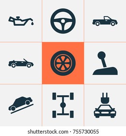 Car Icons Set. Includes Icons Such As Wheel, Carriage, Plug And Other.