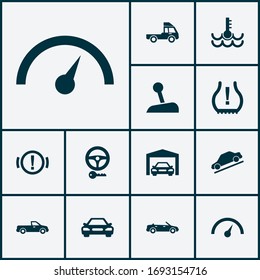 Car icons set with key, pickup, hill descent and other van elements. Isolated vector illustration car icons.