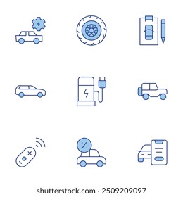 Car icons set. Line Duotone style, editable stroke. car loan, wheel, electric charge, rental, suv car, clipboard, suv, maintenance, controller.