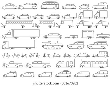 Car icons set. Linear style fun transport Vector illustration.