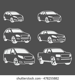 Car icons set. Linear style. Vector illustration. black background