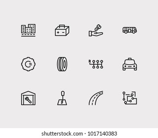 Car icons set. Logistic and car icons with car battery, gear logo and highway. Set of elements including model for web app logo UI design.