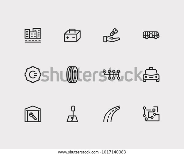 Car icons set. Logistic and car icons with car
battery, gear logo and highway. Set of elements including model for
web app logo UI design.