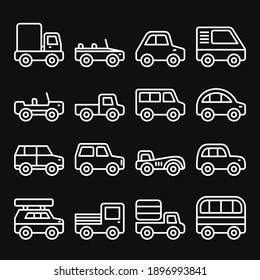 Car Icons Set on Black Background. Vector illustration