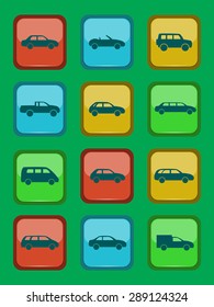 Car icons set on a colored button, vector illustration