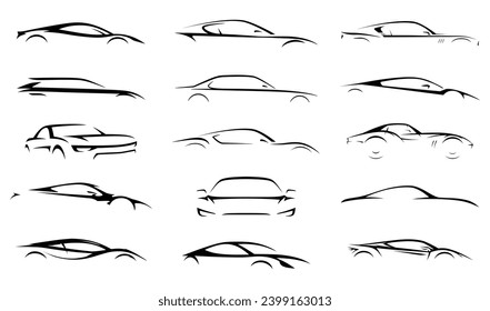conjunto de iconos de coche, conjunto de coches de sombra, conjunto de coches de línea