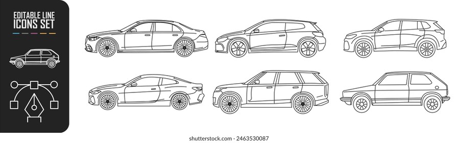 Conjunto de iconos de coche, vista lateral. Movimiento editable.