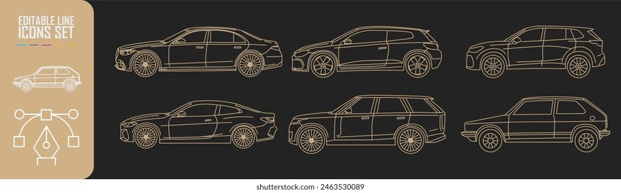 Car icons set, side view. Editable move.