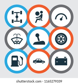 Car icons set with speedometer, chassis, battery and other safety elements. Isolated vector illustration car icons.