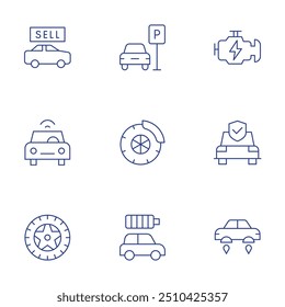 Car icons set. Thin Line style, editable stroke. car, car parking, engine, connected car, locked, insurance, wheel, electric.