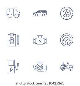Car icons set. Thin Line style, editable stroke. car, safari, engine, tire, steering wheel, clipboard, electric.