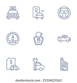 Car icons set. Thin Line style, editable stroke. car, maintenance, speedometer, location pin, steering wheel, car loan, lubricant, pickup truck, automatic transmission.
