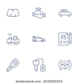 Car icons set. Thin Line style, editable stroke. windshield, sport car, car, autonomous, engine, driverless, key, insurance.