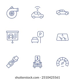 Conjunto de iconos de coche. Estilo de línea delgada, carrera editable. coche inteligente, coche, cinturón de seguridad, velocímetro, limpiaparabrisas, Filtrar de aire, Precio, lecciones de conducción, estacionamiento.
