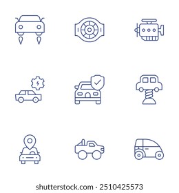 Conjunto de iconos de coche. Estilo de línea delgada, carrera editable. seguro, compartir, oscilación de resorte, motor, mantenimiento, vuelo.