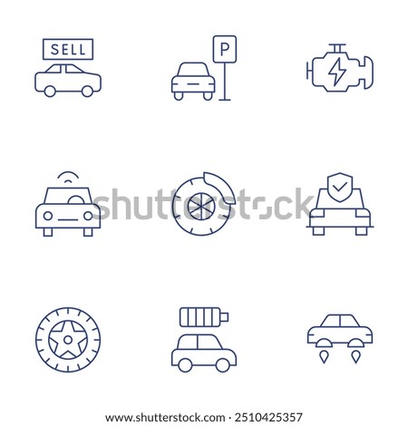Car icons set. Thin Line style, editable stroke. car, car parking, engine, connected car, locked, insurance, wheel, electric.