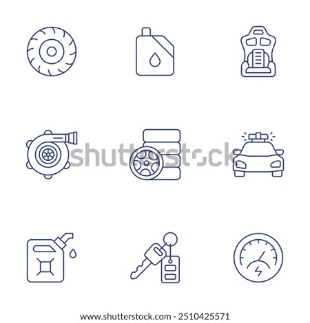 Car icons set. Thin Line style, editable stroke. fuel, car key, police car, tyre, speedometer, petrol, car seat, wheel, air filter.