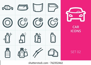 Car Icons Set. Set Of Tires, Car Fluids, Body Parts, Auto Glass, Car Mats And Wipers Vector Icon