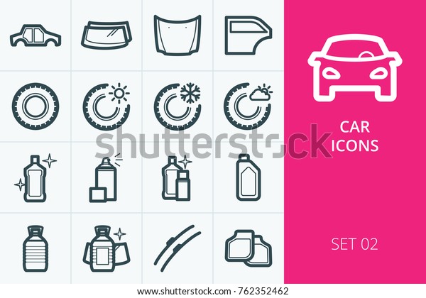 Car icons set. Set of tires,\
car fluids, body parts, auto glass, car mats and wipers vector\
icon