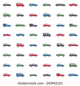 Car icons set. Twelve car forms different colors