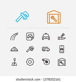Car icons set. Van and car icons with gear logo, garage and car taxi. Set of model for web app logo UI design.