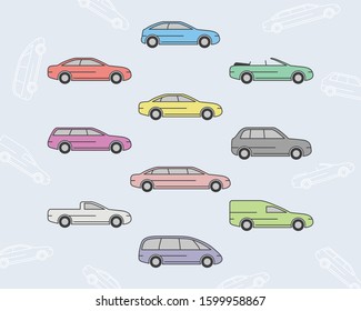 Car Icons set - Vector color symbols and outline of transportation for the site or interface