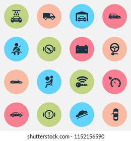 Car icons set with vehicle wash, key, hill descent and other accumulator elements. Isolated vector illustration car icons.