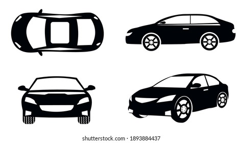 Car icons set view from side, front and top, cars illustration design vector, silhouette on white background