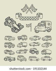 Car icons sketch. Cars and racing flag hand drawing style. Good use for website icons, symbol, illustration, or any design you want. Easy to use, edit, or change color. 