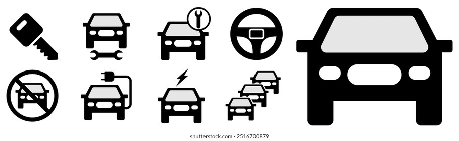 car icons, steering wheel, car key, electric car, traffic jam, no car allowed sign and symbol
