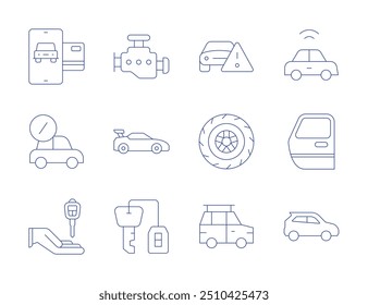 Iconos del coche. Estilo de línea delgada, carrera editable. coche deportivo, préstamo de coche, pago, coche inteligente, mano.