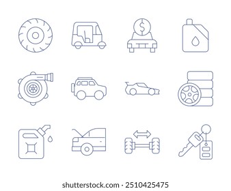 Iconos del coche. Estilo de línea delgada, carrera editable. tuk tuk, suv, tronco, combustible, llave del coche, alineación de ruedas, neumático, gasolina, rueda, Filtrar de aire, coche deportivo.