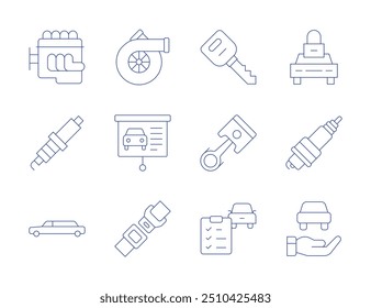 Iconos del coche. Estilo de línea delgada, carrera editable. pistón, llave del coche, prueba de conducción, cinturón de seguridad, bujía, limusina, Filtrar de aire, lecciones de conducción, bloqueado, motor.