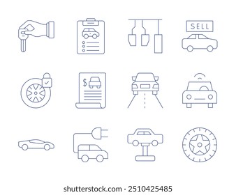 Iconos del coche. Estilo de línea delgada, carrera editable. drive, Precios, electric, coche, coche, coche deportivo, conectado, rueda, bloqueado, llave, pedales, elevador.