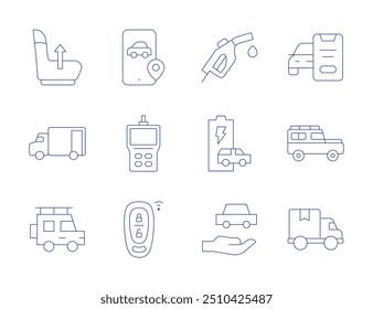 Car icons. Thin Line style, editable stroke. mobile, key car, rental, phone, suv, diagnostic tool, delivery truck, dispenser, seat control, battery, car.