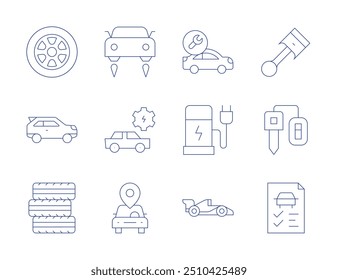 Car icons. Thin Line style, editable stroke. motor, tires, suv, piston, repair, electric charge, car, car sharing, key, check, maintenance, flying.
