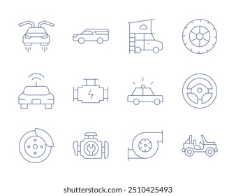 Car icons. Thin Line style, editable stroke. safari, engine, tire, steering wheel, flying, brake disc, air filter, autonomous, police.