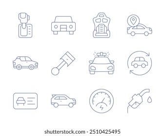 Car icons. Thin Line style, editable stroke. car, location, automatic transmission, fuel pump, driving license, police car, suv, speedometer, car seat, piston.