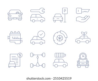 Ícones do carro. Estilo de linha fina, curso editável. carro, motor de carro, duração, crédito, eco, chave, estacionamento, bloqueado, elétrico, roda, reparação.