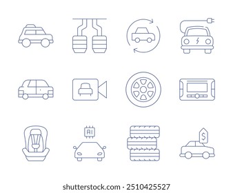 Iconos del coche. Estilo de línea delgada, carrera editable. asiento de coche de bebé, radio de coche, intercambio, eléctrico, motor, neumáticos, inteligente.